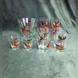 Hazel Atlas Pheasant VINTAGE Ice Bucket & Cocktail Glasses MCM Glass